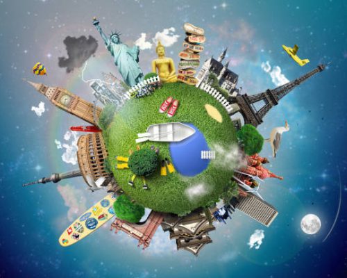 Small planet with landmarks around the world